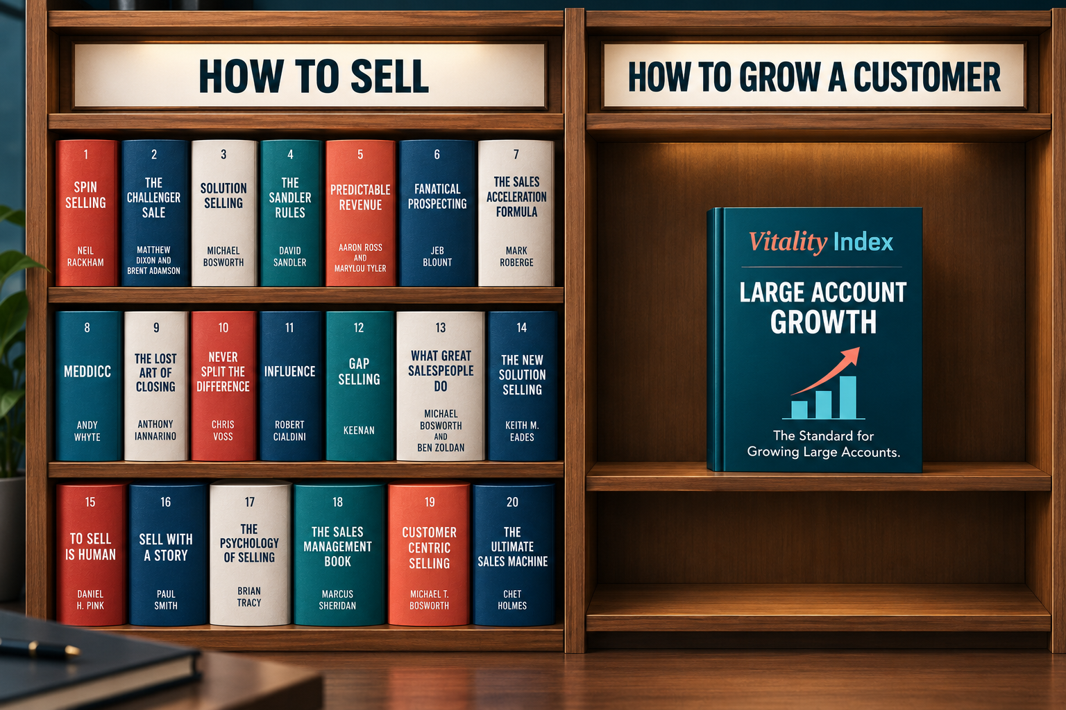 A bookshelf comparing books about how to sell with the Vitality Index standard for how to grow a customer