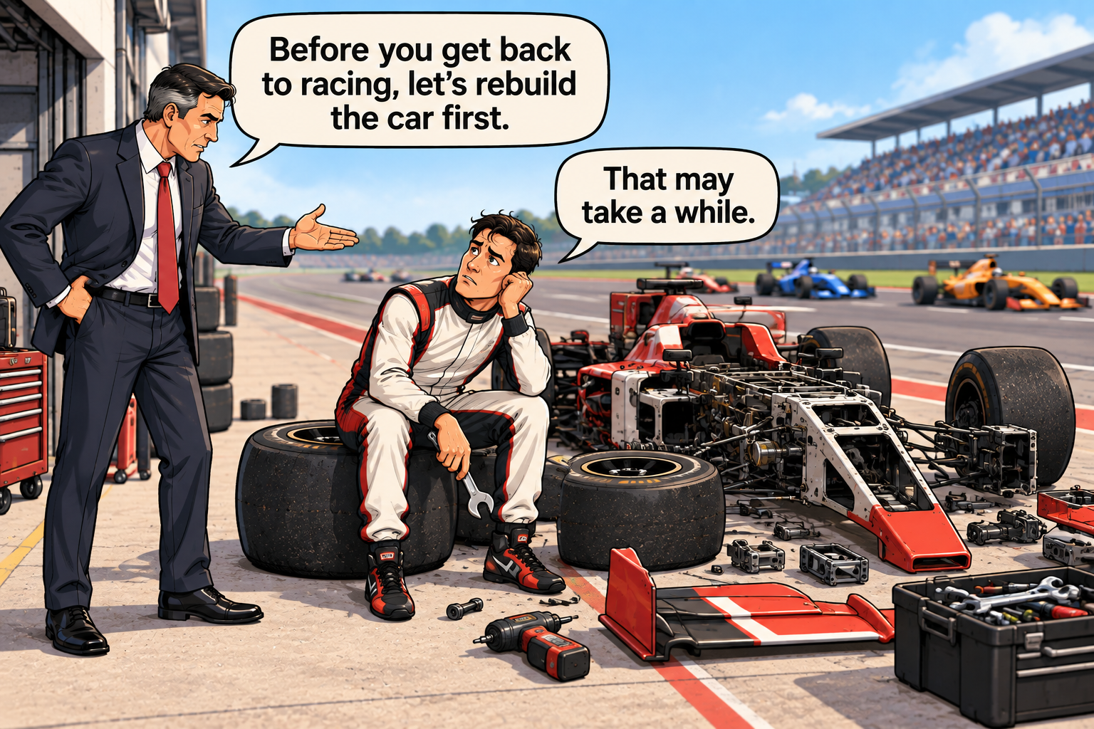 A sales leader tells a driver to rebuild the car before getting back to racing